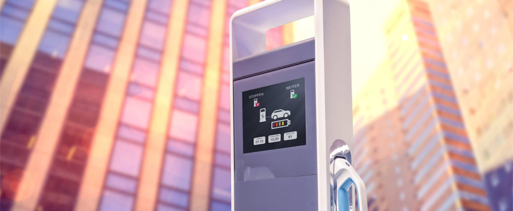 EV charging stations plug an electric vehicle to a source of electricity cleaned by Schaffner filters.